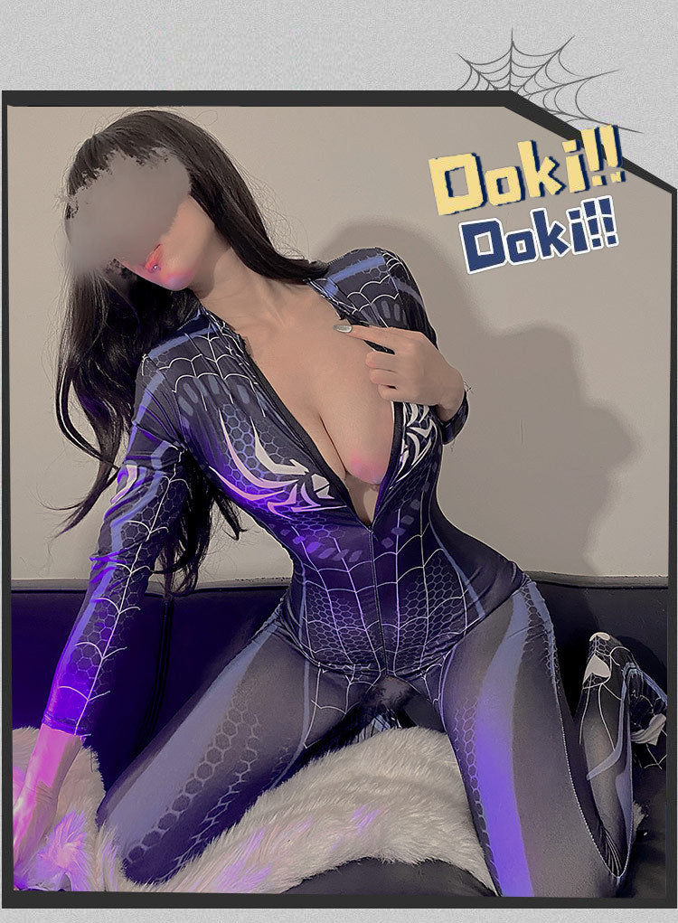 Internet celebrity sexy temptation cos spider jumpsuit open crotch uniform