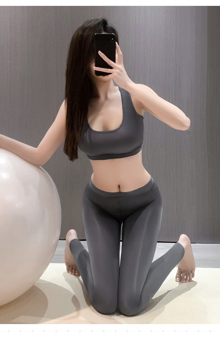 Sexy Ice Silk Free Zipper Open File Body Shaping Yoga Suit [Yoga Vest + Yoga Pants]