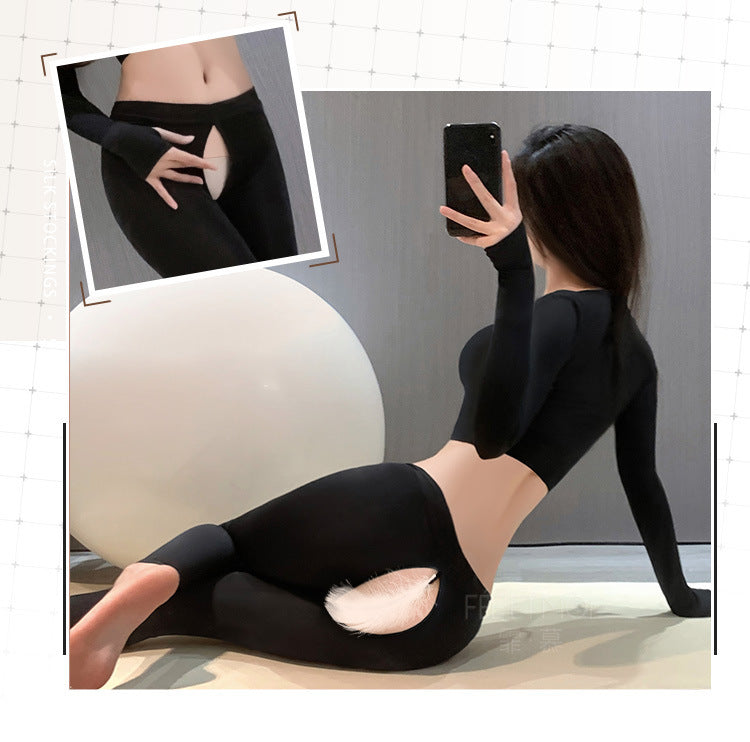 Sexy Ice Silk Free Zipper Open File Body Shaping Yoga Suit [Yoga Vest + Yoga Pants]