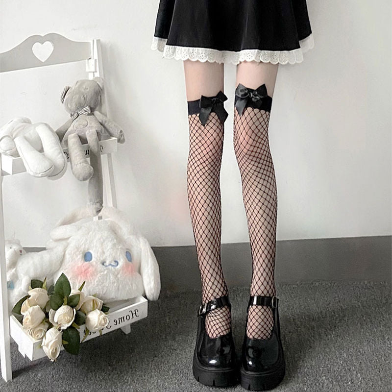 INS-Black bow fishnet stockings S69