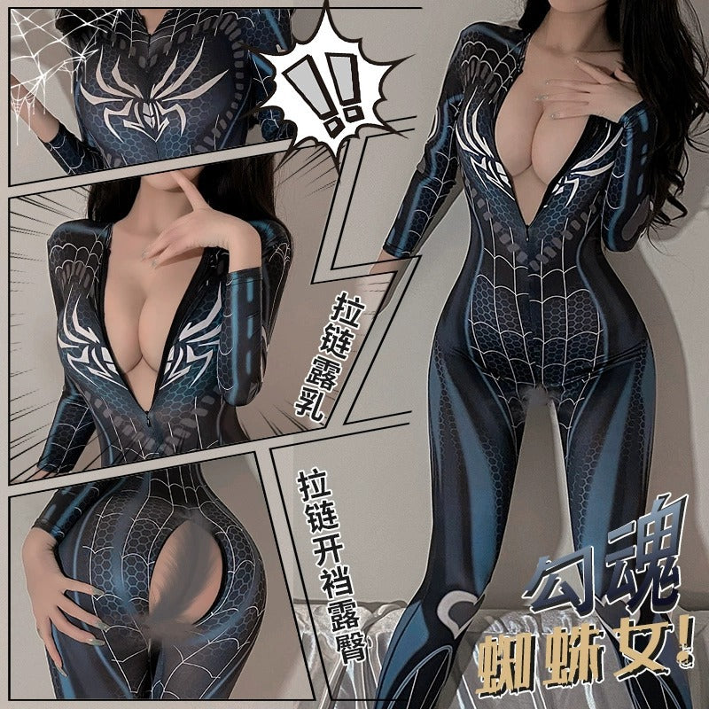 Internet celebrity sexy temptation cos spider jumpsuit open crotch uniform