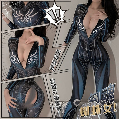 Internet celebrity sexy temptation cos spider jumpsuit open crotch uniform